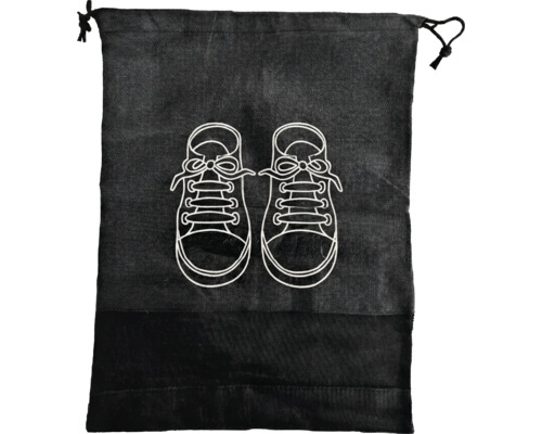 Svart skopåse i textil med dragsko och vit illustration av ett par skor.