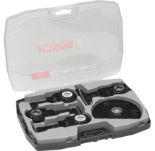 Bosch Starlock sågbladsset för multiverktyg i plastväska med sänksågblad och segmentssågblad. Bosch Logo.