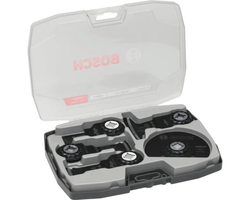 Bosch Starlock sågbladsset för multiverktyg i plastväska med sänksågblad och segmentssågblad. Bosch Logo.