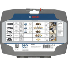 Bosch Logo på baksidan av ett tillbehörsset för multitool med översikt över sågblad för trä och metall samt deras användningsområden.