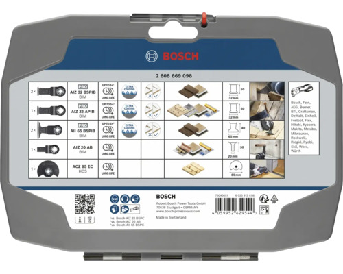Bosch Logo på baksidan av ett tillbehörsset för multitool med översikt över sågblad för trä och metall samt deras användningsområden.