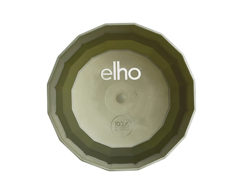 Vy inifrån en facetterad blomkruka med Elho Logo och märkning för 100 procent återvunnet och återvinningsbart material.