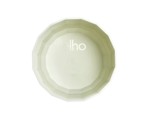 Vy uppifrån av en fasetterad blomkruka i plast med elho Logo och symbol för 100 procent återvinningsbar.