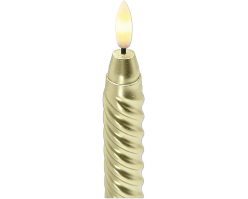 Julgransljus LED i guld med vridet skaft och varmvit ljuskälla i form av en låga.