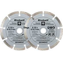 Två segmenterade Einhell diamantkapskivor med Einhell Logo, diameter 125 millimeter, för torrkapsling av betong och granit.
