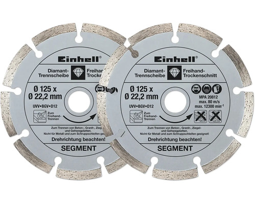 Två segmenterade Einhell diamantkapskivor med Einhell Logo, diameter 125 millimeter, för torrkapsling av betong och granit.
