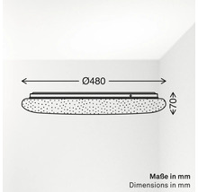 Måttskiss av en rund taklampa med en diameter på 480 millimeter och en höjd på 70 millimeter.