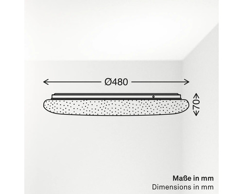 Måttskiss av en rund taklampa med en diameter på 480 millimeter och en höjd på 70 millimeter.