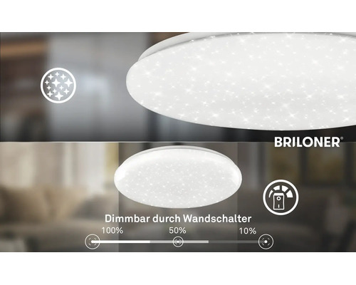 Briloner LED-taklampa med stjärnhimmelseffekt, dimbar via väggströmbrytare i stegen 100 procent, 50 procent och 10 procent. Briloner Logo.