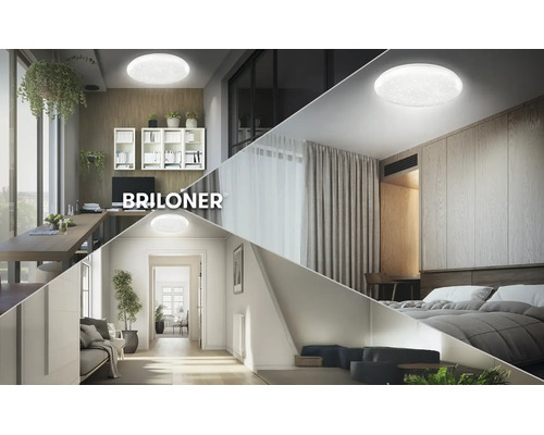 Briloner LED-taklampa med stjärnhimmelseffekt i olika bostadsområden som arbetsrum, sovrum och hall.