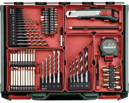 Metabo verktygsset i väska med borrar för metall, trä och sten, bits, brytbladskniv, penna och måttband.