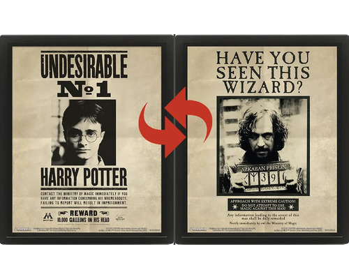 Harry Potter 3D-lentikulär affisch i svart ram med växlande motiv av Harry Potter och Sirius Black.