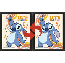 Tredimensionell lentikulär bild i svart ram med dansande Disney-karaktären Stitch, texten Let s Dance och retroelement.