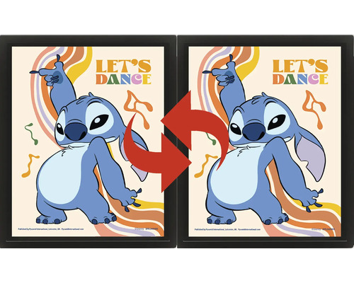 Tredimensionell lentikulär bild i svart ram med dansande Disney-karaktären Stitch, texten Let s Dance och retroelement.
