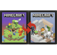 Minecraft tavelramset med två svarta ramar och vändbara affischer med Steve, Alex och andra spelkaraktärer.