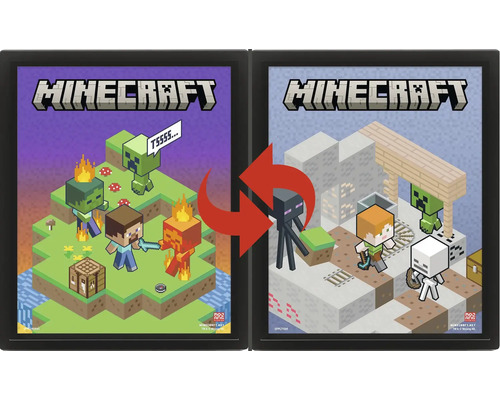 Minecraft tavelramset med två svarta ramar och vändbara affischer med Steve, Alex och andra spelkaraktärer.