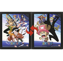 One Piece lentikulär poster i svart ram med växeleffekt, visar olika karaktärer och One Piece Logo.