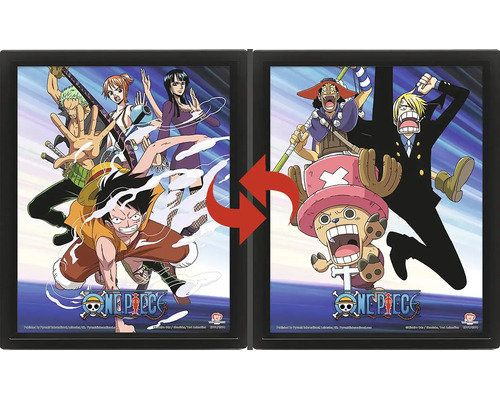 One Piece lentikulär poster i svart ram med växeleffekt, visar olika karaktärer och One Piece Logo.