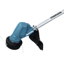 Makita grästrimmerhuvud med grön nylontråd, svart skyddskåpa och silverfärgat metallskaft.