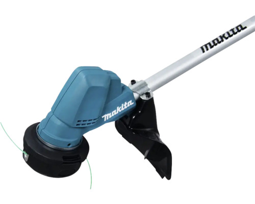 Makita grästrimmerhuvud med grön nylontråd, svart skyddskåpa och silverfärgat metallskaft.