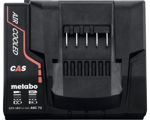 Metabo batteriladdare ASC 72, luftkyld, för 12 Volt till 18 Volt litiumjonbatterier, Cordless Alliance System, Metabo Logo.