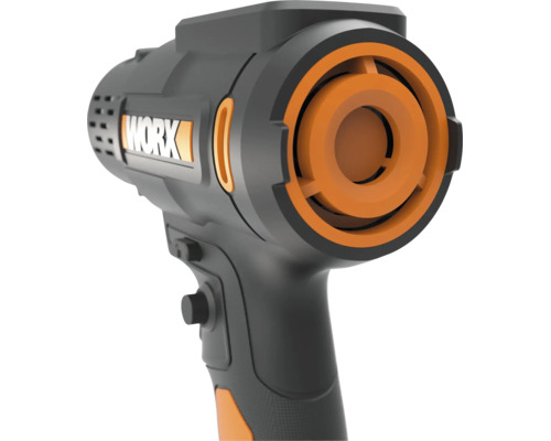 Svart-orange WORX varmluftspistol med ergonomiskt grepp, runt munstycke och WORX Logo.