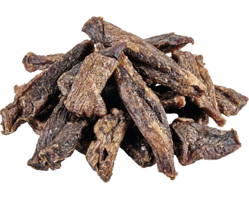 Torkade köttremsor som hundgodis och tuggartikel.