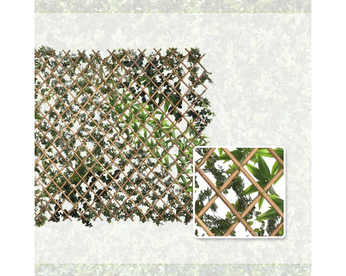 Utdragbar träspaljé med konstgjorda blad och detaljvy av bladen.