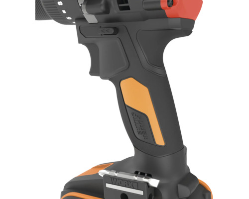 Ergonomiskt grepp på en Worx sladdlös borrskruvdragare med PowerShare-logotyp och bithållare.