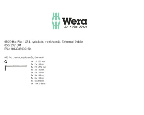 Wera vinkelnyckelsats 950/9 Hex-Plus 1 SB, 9 delar, metrisk, förkromad, storlekar 1,5 till 10 millimeter.