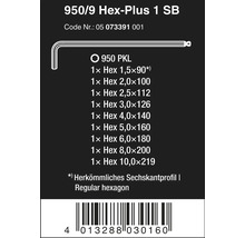 Tekniska specifikationer för Wera Hex-Plus 950/9 insexnyckelsats med storlekar från 1,5 till 10 millimeter och produktinformation.