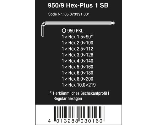 Tekniska specifikationer för Wera Hex-Plus 950/9 insexnyckelsats med storlekar från 1,5 till 10 millimeter och produktinformation.