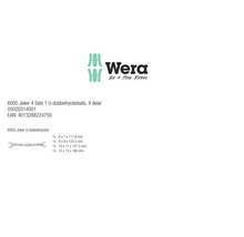 Wera Logo med produktinformation för Joker 6005 dubbelnyckelsats i 4 delar inklusive storlekar i millimeter.