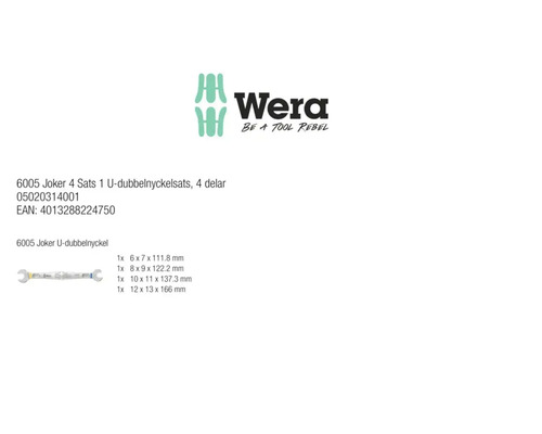 Wera Logo med produktinformation för Joker 6005 dubbelnyckelsats i 4 delar inklusive storlekar i millimeter.