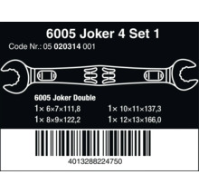 Wera 6005 Joker 4 Set 1, dubbel u-nyckelsats, 4 delar, storlekar 6 gånger 7 till 12 gånger 13 millimeter.