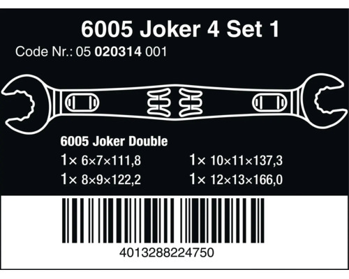 Wera 6005 Joker 4 Set 1, dubbel u-nyckelsats, 4 delar, storlekar 6 gånger 7 till 12 gånger 13 millimeter.