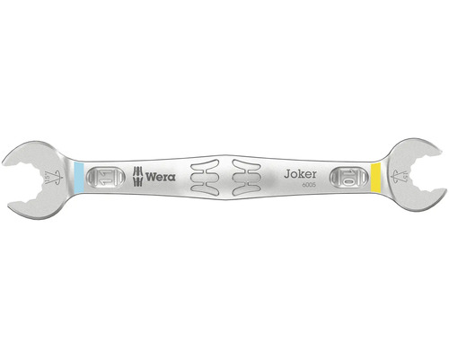 Wera Joker 6005 dubbel u-nyckel i metall, storlekar 10 och 11 millimeter med 15 graders returvinkel.