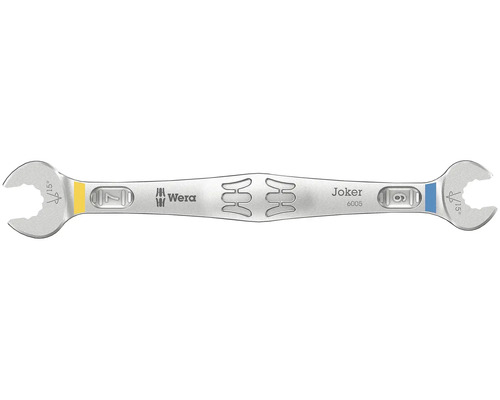 Wera Joker 6005 dubbel öppen fast nyckel av metall med storlekarna 7 och 9 millimeter och Wera Logo.