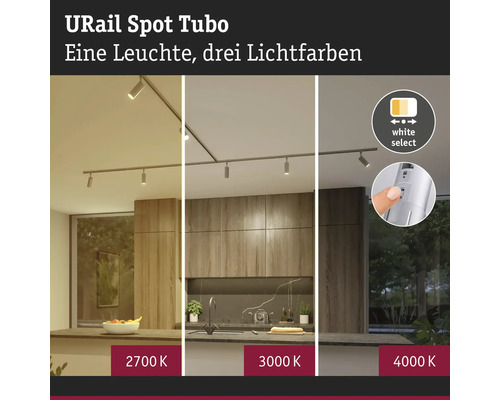 URail Spot Tubo skensystem i köket med tre justerbara färgtemperaturer från 2700 till 4000 Kelvin och White Select-brytare.