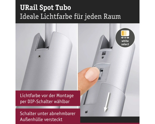 URail Spot Tubo med ställbar ljusfärg via DIP-omkopplare under det avtagbara ytterhöljet.