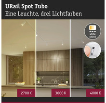 URail Spot Tubo skensystem i ett modernt kök med tre justerbara ljusfärger: 2700 Kelvin, 3000 Kelvin och 4000 Kelvin.