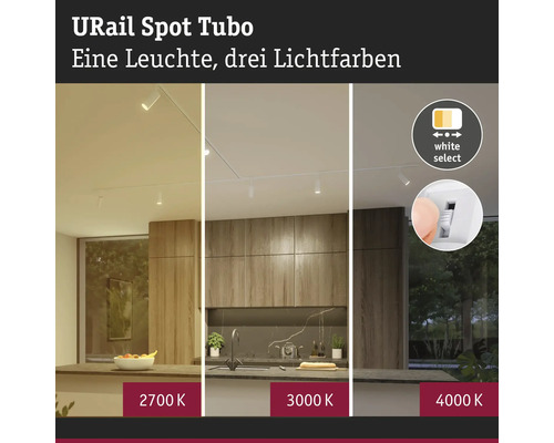 URail Spot Tubo skensystem i ett modernt kök med tre justerbara ljusfärger: 2700 Kelvin, 3000 Kelvin och 4000 Kelvin.