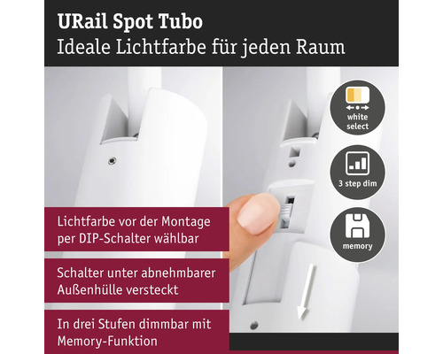 URail Spot Tubo med ljusfärg som justeras via omkopplare, trestegsdimring och minnesfunktion.