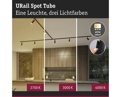URail Spot Tubo skensystem i ett kök med ställbara färgtemperaturer från 2700 Kelvin till 4000 Kelvin.