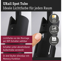 URail Spot Tubo med valbar ljusfärg via DIP-brytare under avtagbart hölje, trestegsdimring och minnesfunktion.