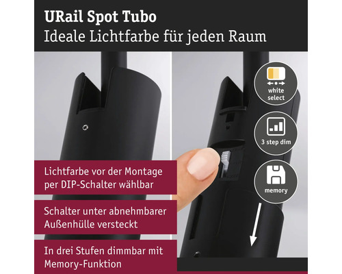 URail Spot Tubo med valbar ljusfärg via DIP-brytare under avtagbart hölje, trestegsdimring och minnesfunktion.