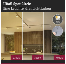 URail Spot Circle skensystem i ett kök med tre olika färgtemperaturer: 2700 Kelvin, 3000 Kelvin och 4000 Kelvin.