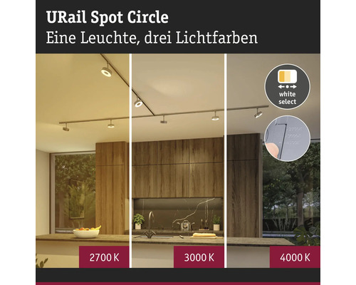 URail Spot Circle skensystem i ett kök med tre olika färgtemperaturer: 2700 Kelvin, 3000 Kelvin och 4000 Kelvin.