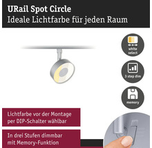 URail Spot Circle skensystemslampa med färgtemperatur valbar via strömbrytare, tre stegs dimfunktion och minnesfunktion.