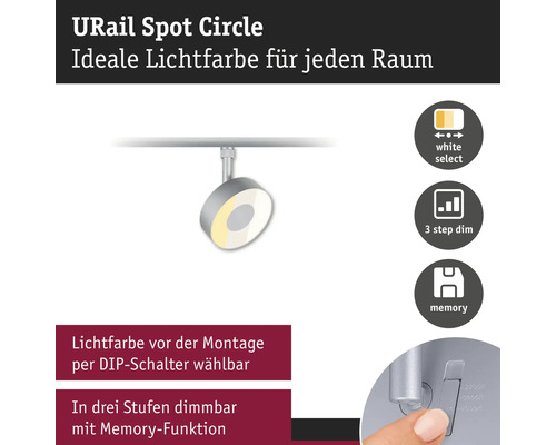 URail Spot Circle skensystemslampa med färgtemperatur valbar via strömbrytare, tre stegs dimfunktion och minnesfunktion.
